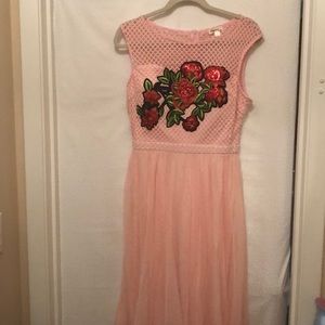 Floral embroidered pink long prom dress
